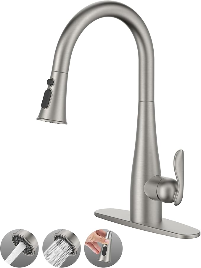 Mbillion Kitchen Faucet with Pull Down 3 Mode Sprayer,15.2'' High Arc,Brushed Nickel,Stainless Steel,Single Handle Sink Faucet with 10'' Deck Plate for 1-3 Hole