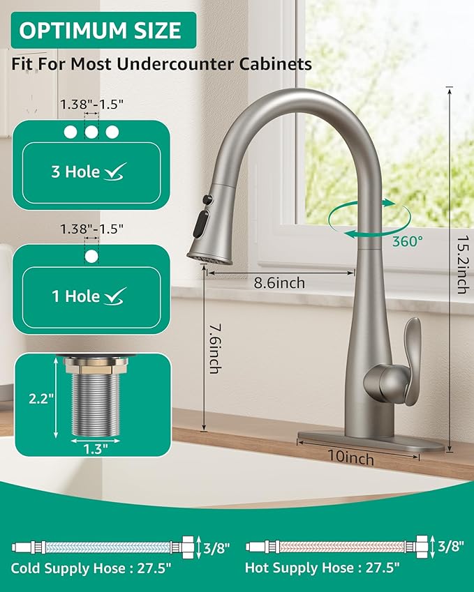 Mbillion Kitchen Faucet with Pull Down 3 Mode Sprayer,15.2'' High Arc,Brushed Nickel,Stainless Steel,Single Handle Sink Faucet with 10'' Deck Plate for 1-3 Hole
