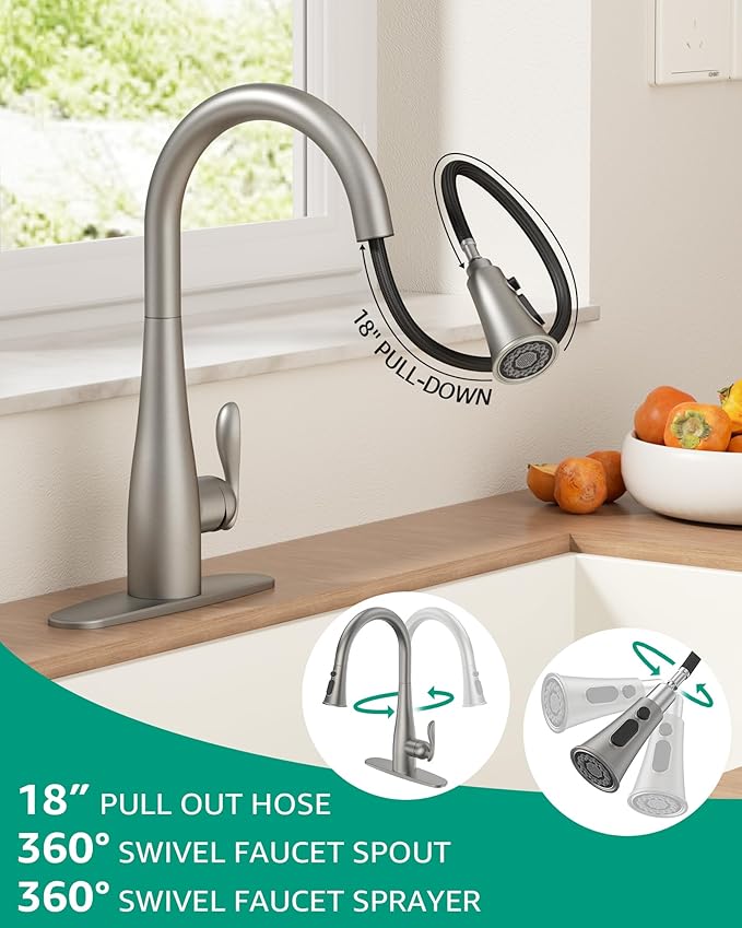 Mbillion Kitchen Faucet with Pull Down 3 Mode Sprayer,15.2'' High Arc,Brushed Nickel,Stainless Steel,Single Handle Sink Faucet with 10'' Deck Plate for 1-3 Hole