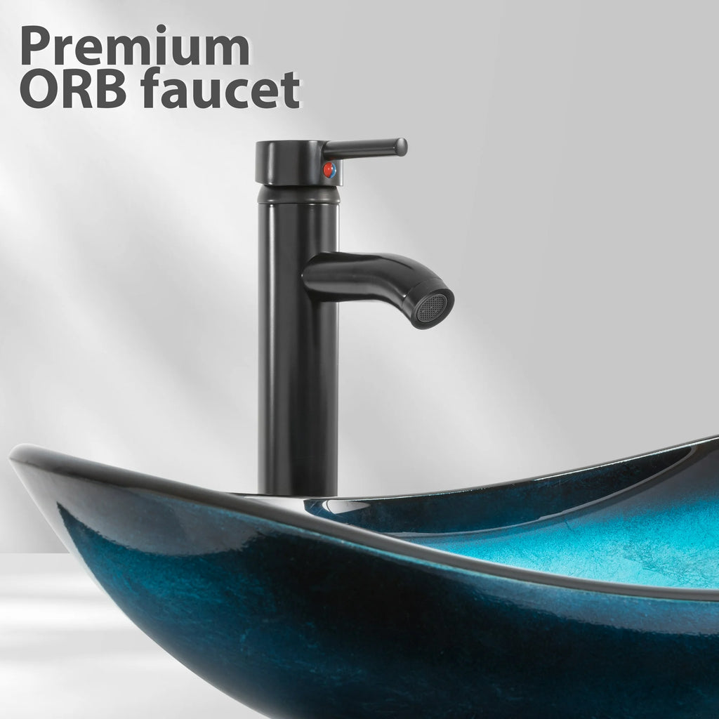 Eclife Bathroom Vessel Sink Set, Blue Glass Boat Basin Bowl with Oil Rubbed Bronze Faucet Chrome Pop-up Drain