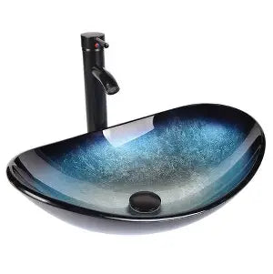 Eclife Bathroom Vessel Sink Set, Blue Glass Boat Basin Bowl with Oil Rubbed Bronze Faucet Chrome Pop-up Drain