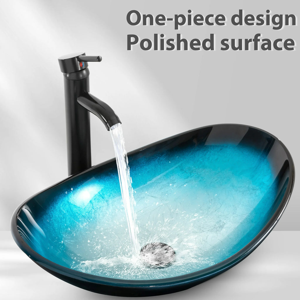 Eclife Bathroom Vessel Sink Set, Blue Glass Boat Basin Bowl with Oil Rubbed Bronze Faucet Chrome Pop-up Drain